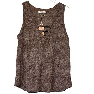 WanderLux Marissa Women Sleeveless Sweater Tank Medium V-neck Loose Knit Brown